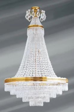 Grand Lustre Louis XVI Doré Cristal De Bohème 14 Lumières