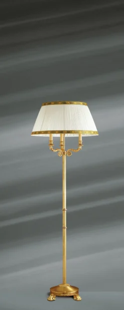 Lampadaire En Bronze Massif De Style Empire, Trois Lumières, Abat-jour Plissé