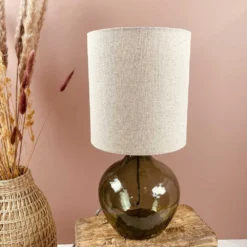 Lampe à Poser En Verre Coloris Vert Et Abat Jour Lin H38cm