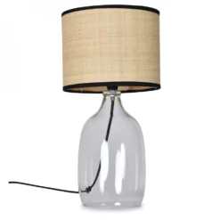 Lampe à Poser Avec Base En Verre Transparent Et Abat Jour Raphia