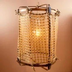 Lanterne Thaïlandaise L En Métal Coloris Laiton Rustique Et Tissu Beige Ajouré -Magasin D'Éclairage Domestique lanterne bambou naturel tissu lin beige ajoure 4