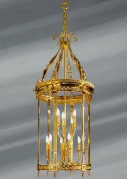 Lanterne De Style Louis XVI En Bronze Massif Et Verre Bombé, Neuf Lumières Sur Deux étages