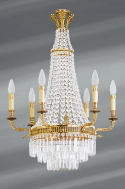 Lustre Cristal De Bohème Doré à Pampilles 9 Lumières Louis XVI