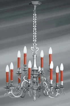 Lustre Louis XIII Bronze Patine étain Mat Douze Lumières